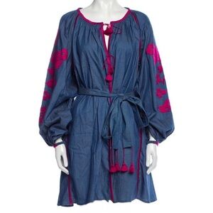 March 11 Elegant Denim Mini Dress with Pink Embroidered Accents